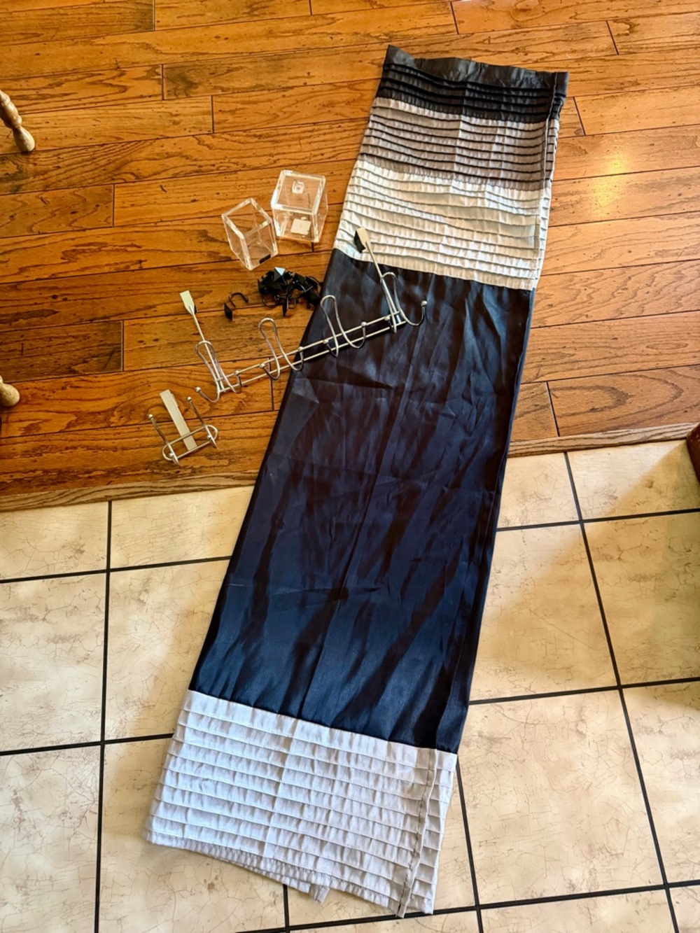 Black and Silver Pleated shower Curtain Panel, curtain hooks and more